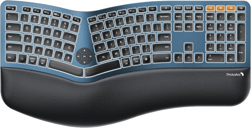 ProtoArc Backlit Bluetooth Ergonomic Keyboard, EK01 Plus Full Size Wireless Split Keyboard with Dual Bluetooth and USB, Cushioned Wrist Rest, Rechargeable, Compatible with Windows/Mac/Android, Blue - Image 1